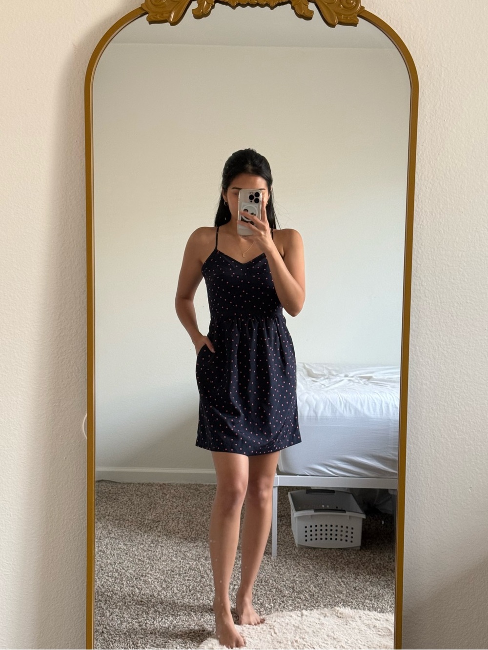 J Crew Navy Polka Dot Spaghetti Strap Dress